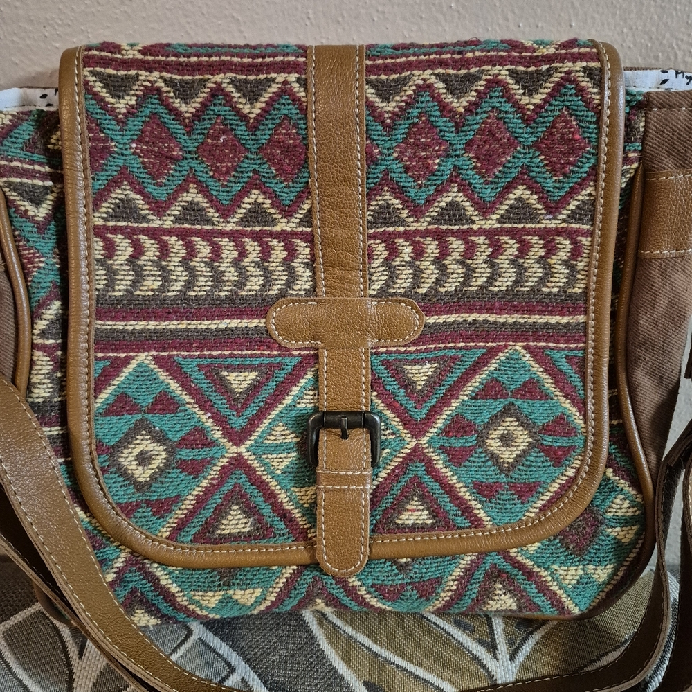 Myra Bag Western Leather Shoulder Canvas Crossbody Electric Ice Turquoise Brown - Picture 14 of 16